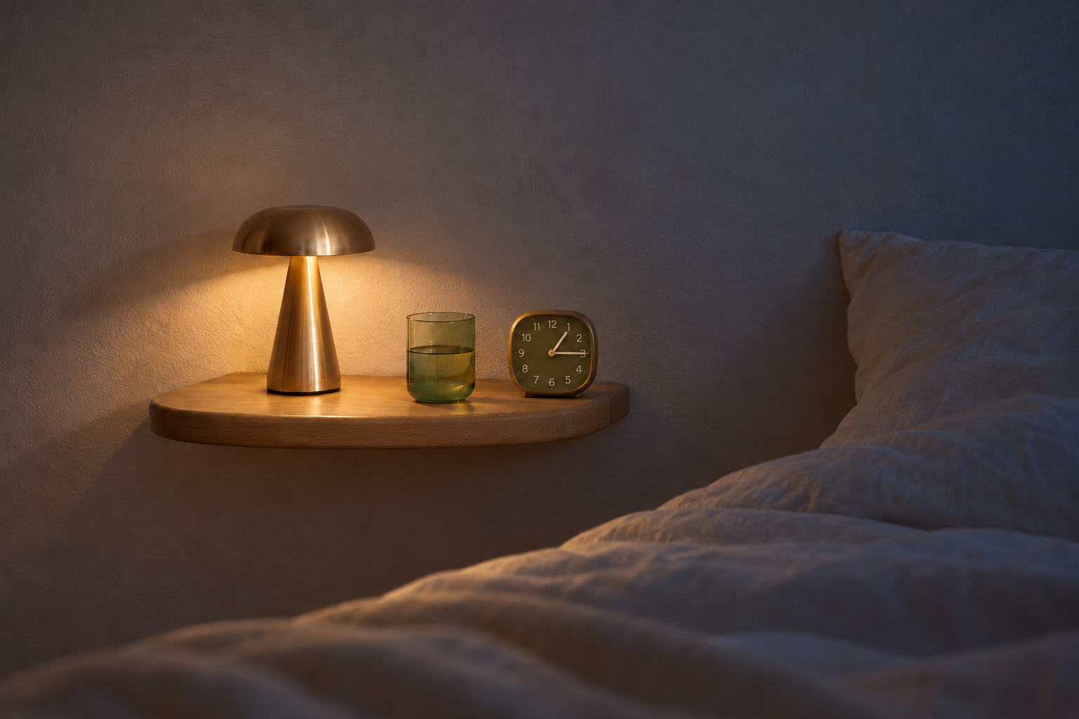 Mesilla de noche con lámpara encendida, vaso de agua y reloj junto a la cama